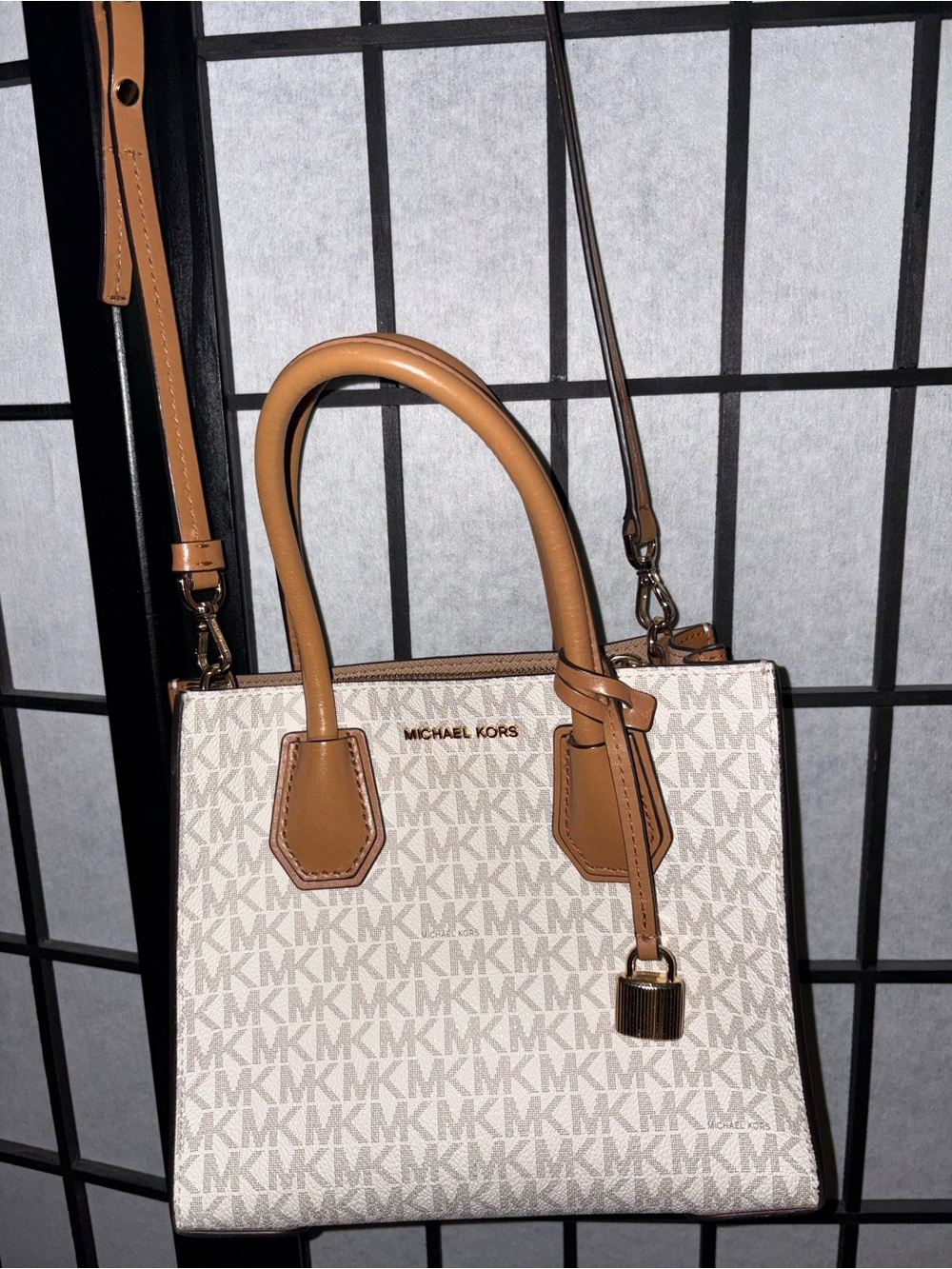 Michael Kors Cream Signature Satchel with Tan Trim